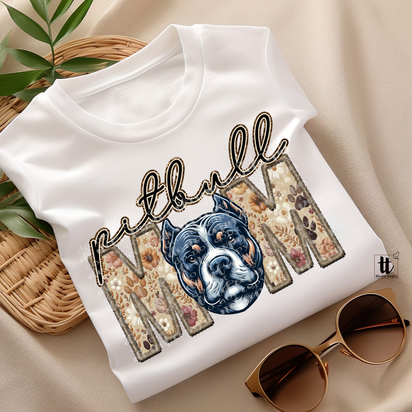 Pitbull Mom Faux Embroidery & Faux Sparkle DTF Transfer
