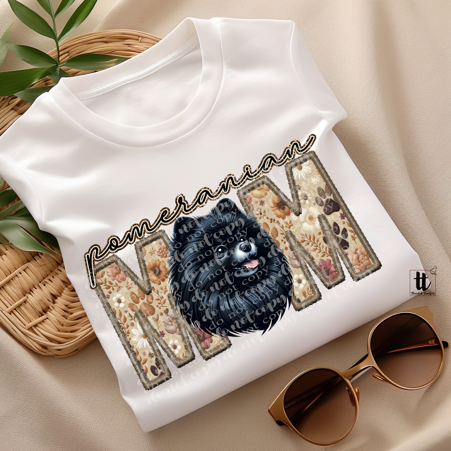 Pomeranian Mom- Black Faux Embroidery & Faux Sparkle DTF Transfer