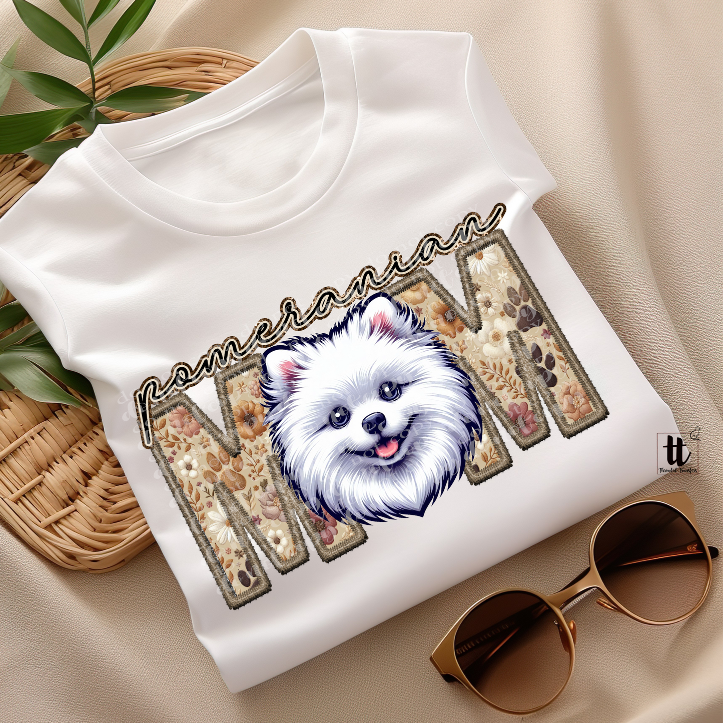 Pomeranian Mom White Faux Embroidery & Faux Sparkle DTF Transfer