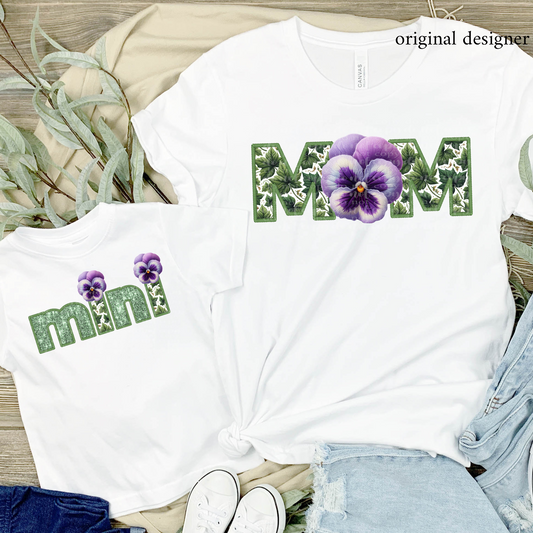 Purple Pansy Mom/Mini (choose from menu) **EXCLUSIVE** Faux Embroidery, Chenille, & Sparkles DTF & Sublimation Transfer