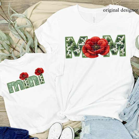 Red Poppy Mom/Mini (choose from menu) **EXCLUSIVE** Faux Embroidery, Chenille, & Sparkles DTF & Sublimation Transfer