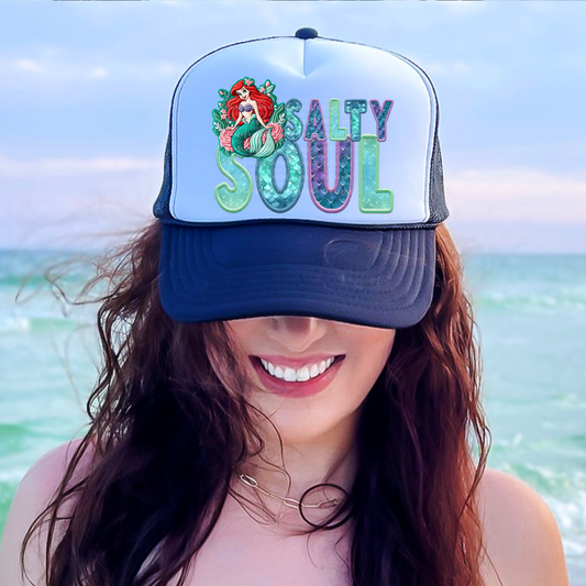 Salty Soul Mermaid Faux Embroidery and Sparkles Hat DTF & Sublimation Transfer
