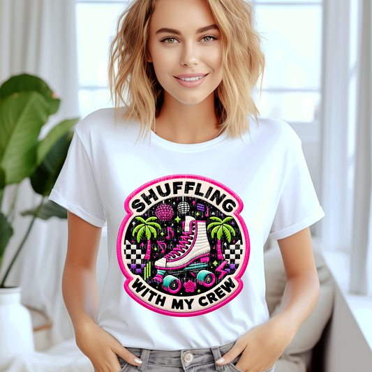 Shuffling with my Crew Faux Embroidery Neon/Black Light Reactive Ink DTF Transfer