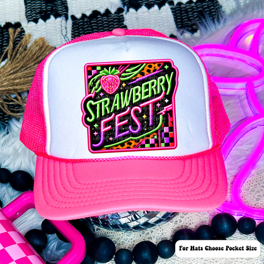 Strawberry Fest Faux Embroidery Hat Neon/Black Light Reactive Ink (matches shirt) DTF Transfer