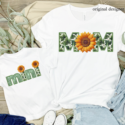 Sunflower Mom/Mini (choose from menu) **EXCLUSIVE** Faux Embroidery, Chenille, & Sparkles DTF & Sublimation Transfer