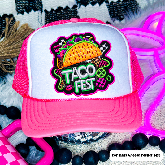 Taco Fest Faux Embroidery Hat Neon/Black Light Reactive Ink (matches shirt) DTF Transfer