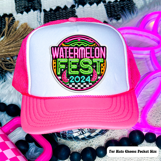 Watermelon Fest Faux Embroidery Hat Neon/Black Light Reactive Ink (matches shirt) DTF Transfer
