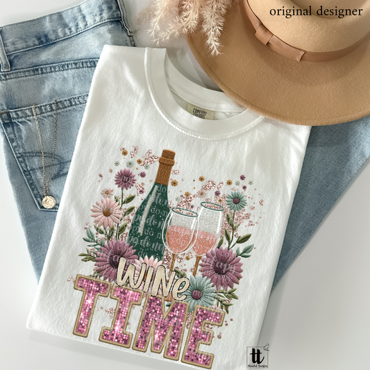 Wine Time Faux Embroidery DTF & Sparkle **EXCLUSIVE** Sublimation Transfer