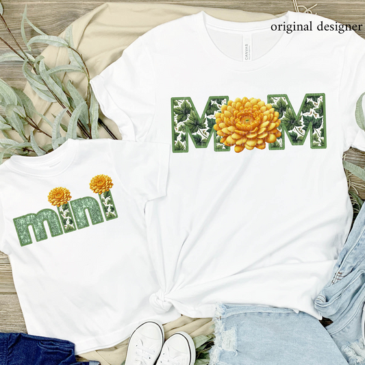 Yellow Chrysanthemum Mom/Mini (choose from menu) **EXCLUSIVE** Faux Embroidery, Chenille, & Sparkles DTF & Sublimation Transfer