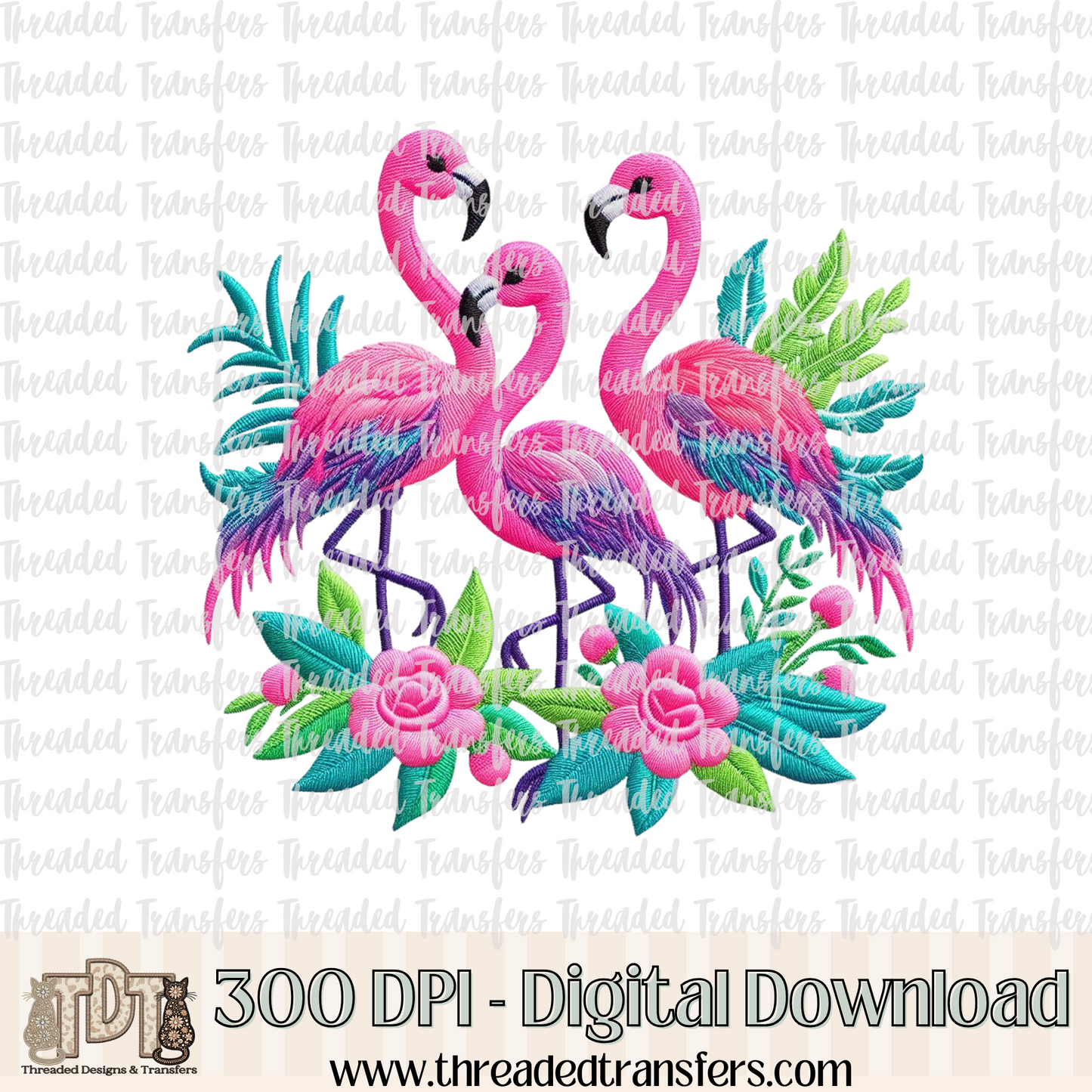 Vibrant Flamingos Faux Embroidery Digital Design Download (PNG Format - no product shipped)