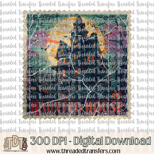 Vintage Horror Haunted House Stamp Digital Design Download (PNG Format - no product shipped)