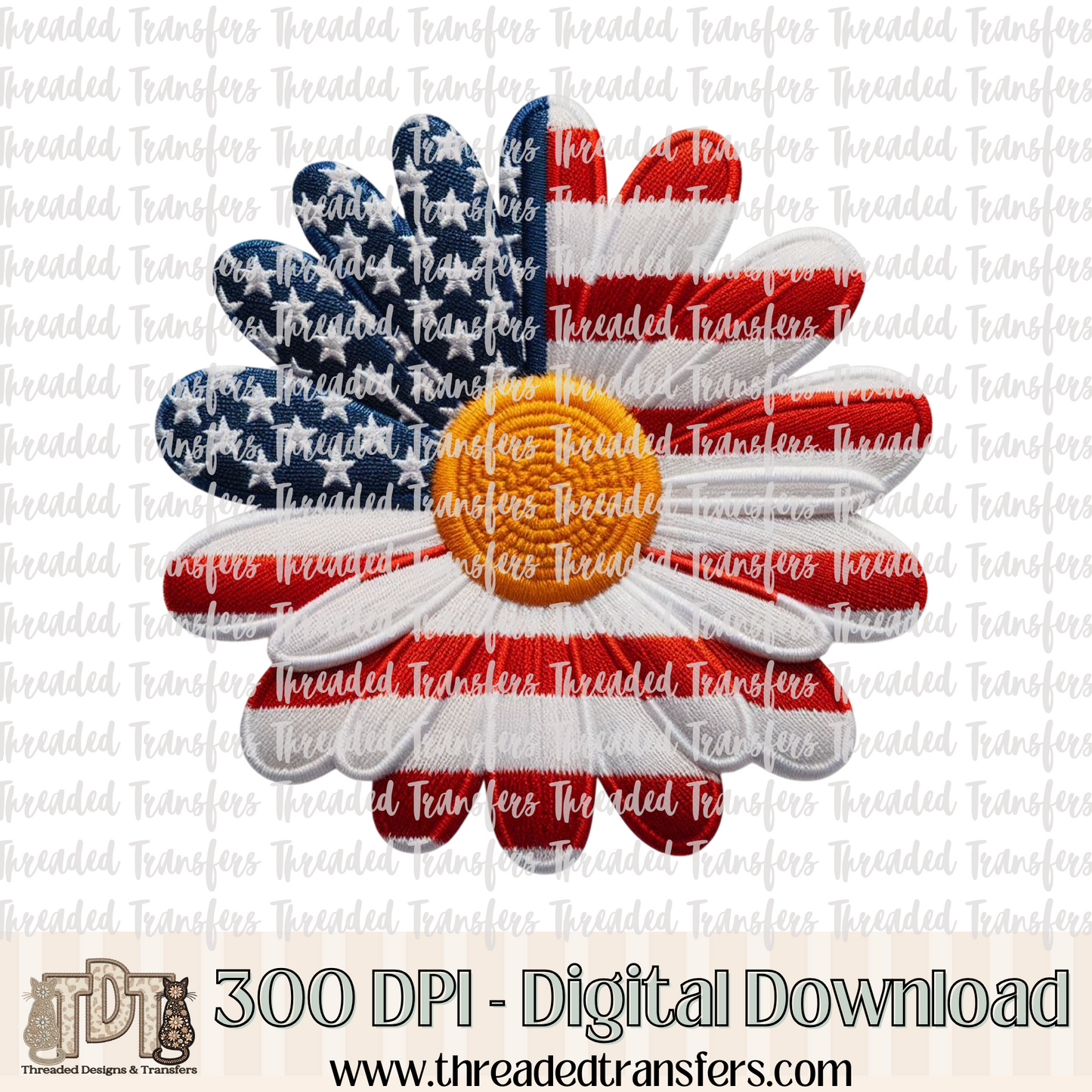 Patriotic Daisy Faux Embroidery Digital Design Download (PNG Format - no product shipped)
