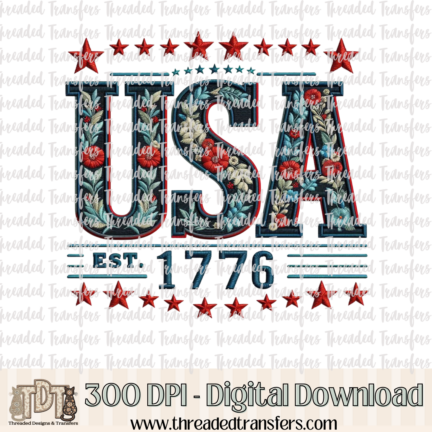 Floral USA 1776 Faux Embroidery Digital Design Download (PNG Format - no product shipped)
