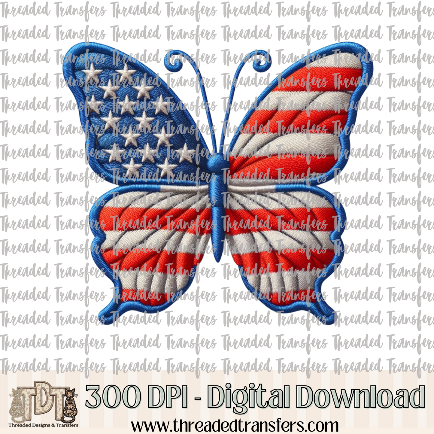 Patriotic Butterfly Faux Embroidery Digital Design Download (PNG Format - no product shipped)