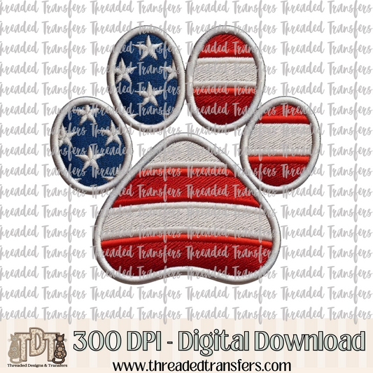 Patriotic Paw Print Faux Embroidery Digital Design Download (PNG Format - no product shipped)