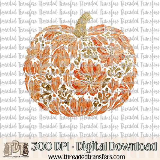 Painted Floral Pumpkin Digital Design Download (PNG Format - no product shipped)