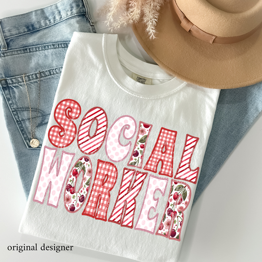 Social Worker Sweet Cherry Career **EXCLUSIVE** Faux Embroidery DTF & Sublimation Transfer
