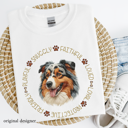 Australian Shepherd Pet Traits Faux Embroidery & Faux Sparkle DTF Transfer