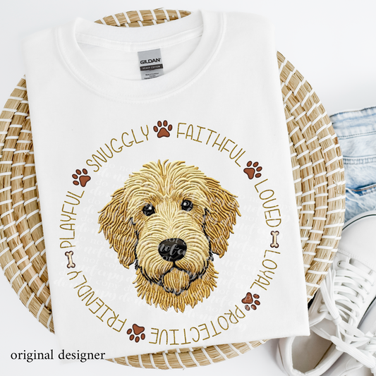 Golden Doodle Pet Traits Faux Embroidery & Faux Sparkle DTF Transfer
