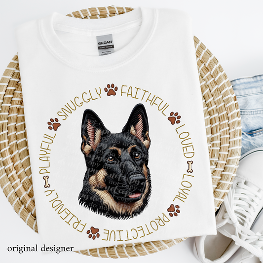 German Shepherd Black & Tan Pet Traits Faux Embroidery & Faux Sparkle DTF Transfer