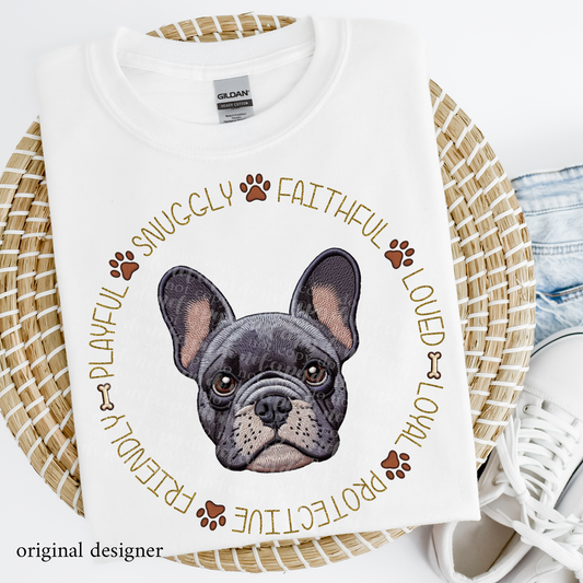 French Bulldog Pet Traits Faux Embroidery & Faux Sparkle DTF Transfer