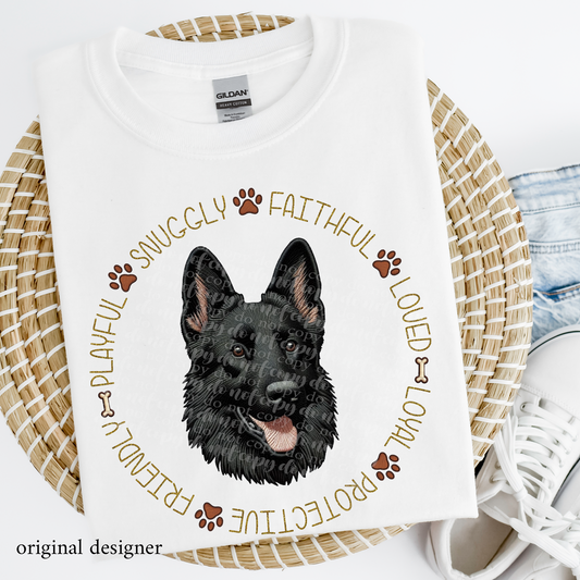 German Shepherd Black Pet Traits Faux Embroidery & Faux Sparkle DTF Transfer