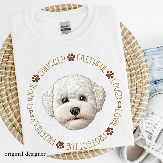 Bichon Frise Pet Traits Faux Embroidery & Faux Sparkle DTF Transfer