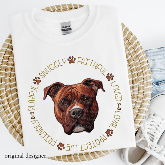 Pitbull Brown Pet Traits Faux Embroidery & Faux Sparkle DTF Transfer
