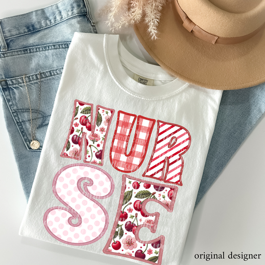 Nurse Sweet Cherry Career **EXCLUSIVE** Faux Embroidery DTF & Sublimation Transfer