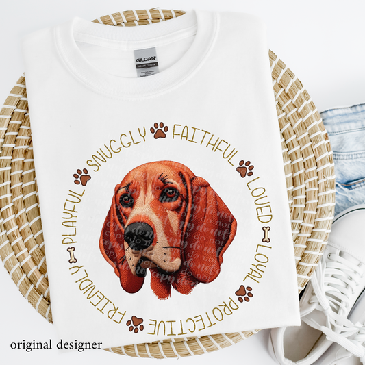 Coonhound Red Pet Traits Faux Embroidery & Faux Sparkle DTF Transfer