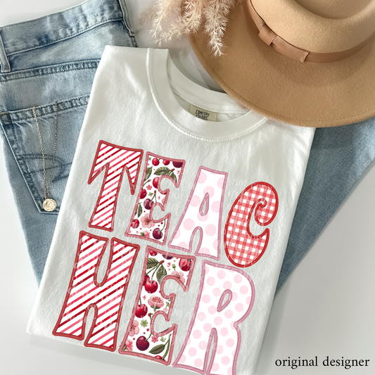 Teacher Sweet Cherry Career **EXCLUSIVE** Faux Embroidery DTF & Sublimation Transfer
