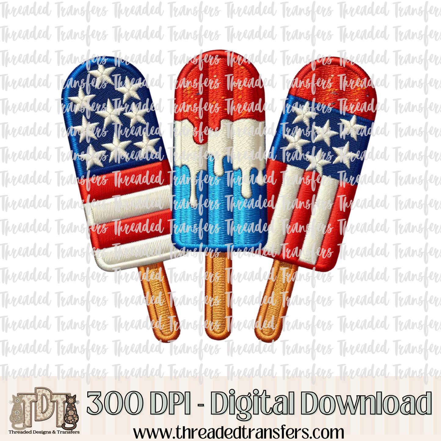 Patriotic Flag Ice Pops Faux Embroidery Digital Design Download (PNG Format - no product shipped)