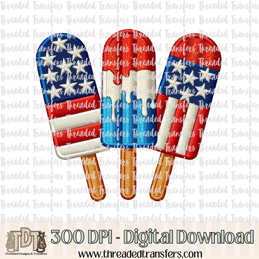 Patriotic Flag Ice Pops Faux Embroidery Digital Design Download (PNG Format - no product shipped)