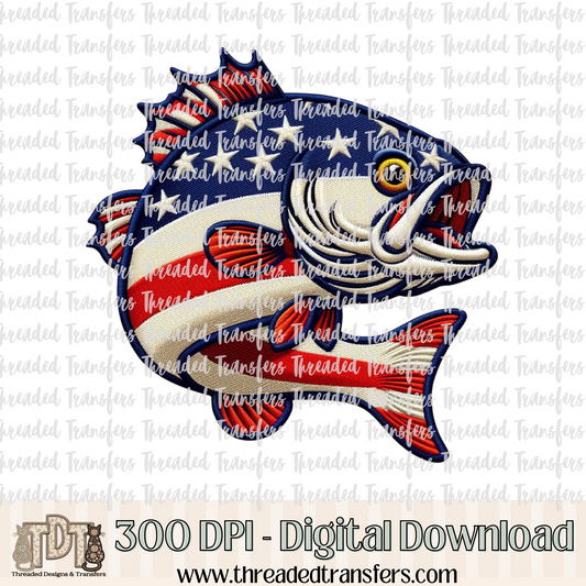 Patriotic Bass Fish Faux Embroidery Digital Design Download (PNG Format - no product shipped)