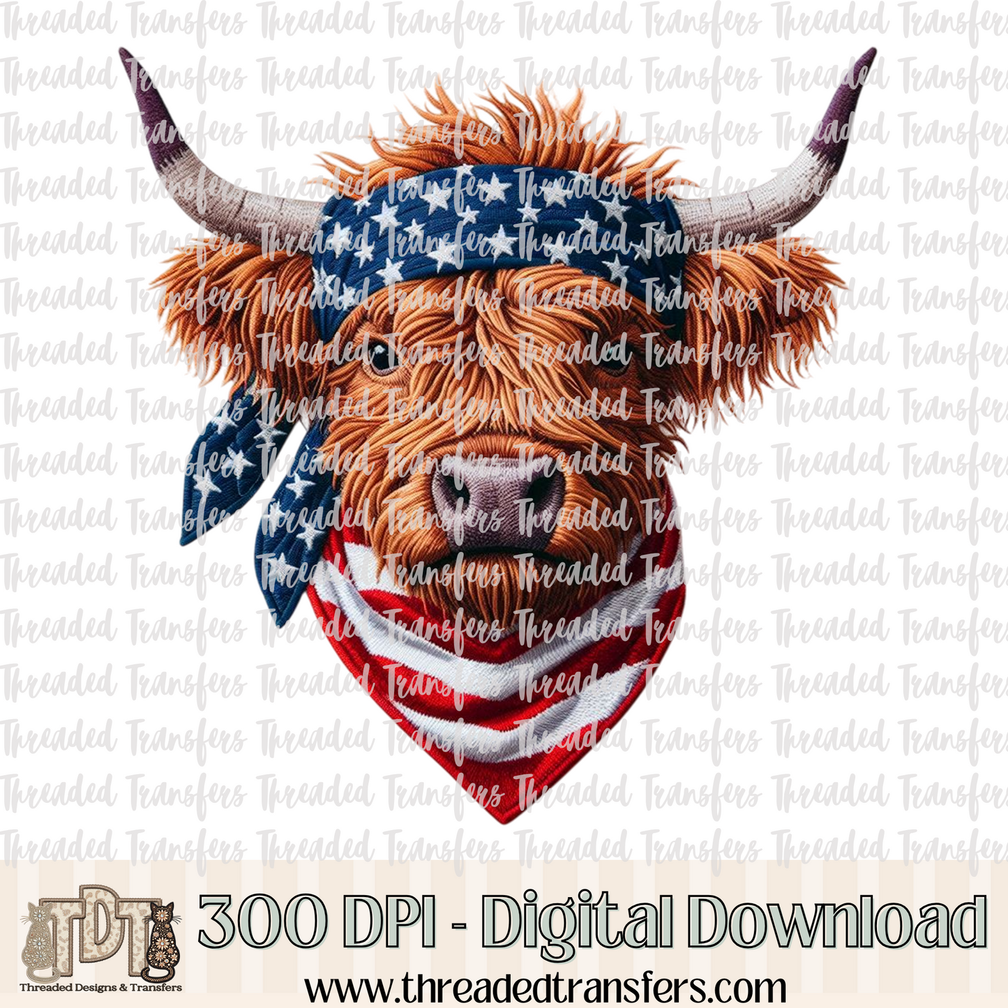 Patriotic Highland Cow Faux Embroidery Digital Design Download (PNG Format - no product shipped)