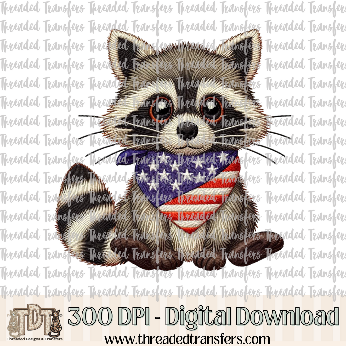 Patriotic Raccoon Faux Embroidery Digital Design Download (PNG Format - no product shipped)