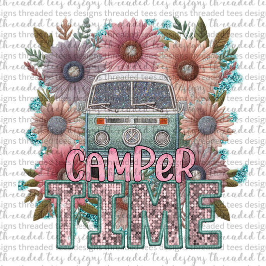Camper Time Faux Embroidery & Faux Sparkles Digital Design Download (no product shipped)