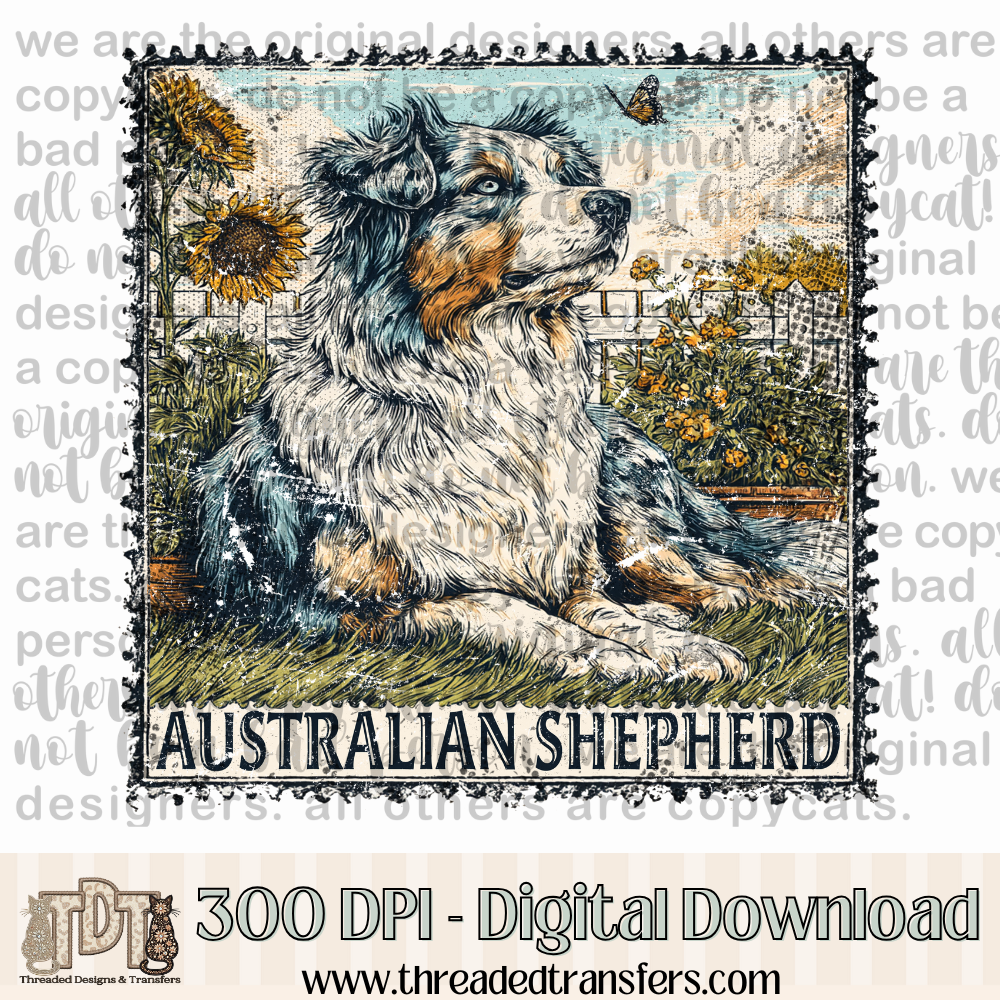 Australian Shepherd Vintage Stamp Digital Design Download (PNG Format - no product shipped)