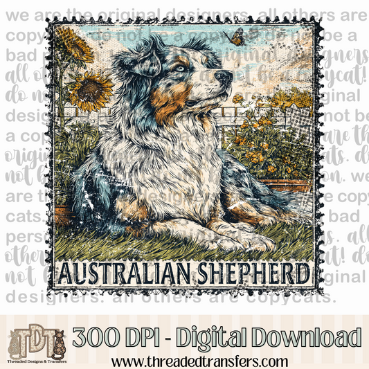 Australian Shepherd Vintage Stamp Digital Design Download (PNG Format - no product shipped)