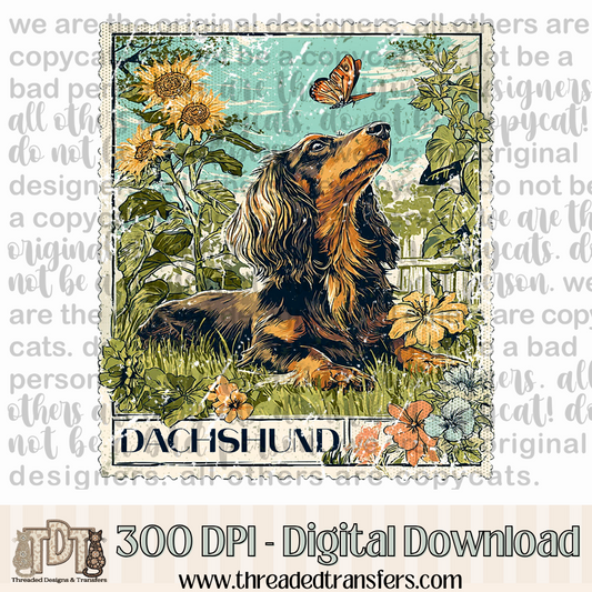 Dachshund Long Haired Vintage Stamp Digital Design Download (PNG Format - no product shipped)