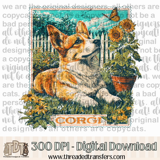 Corgi Vintage Stamp Digital Design Download (PNG Format - no product shipped)