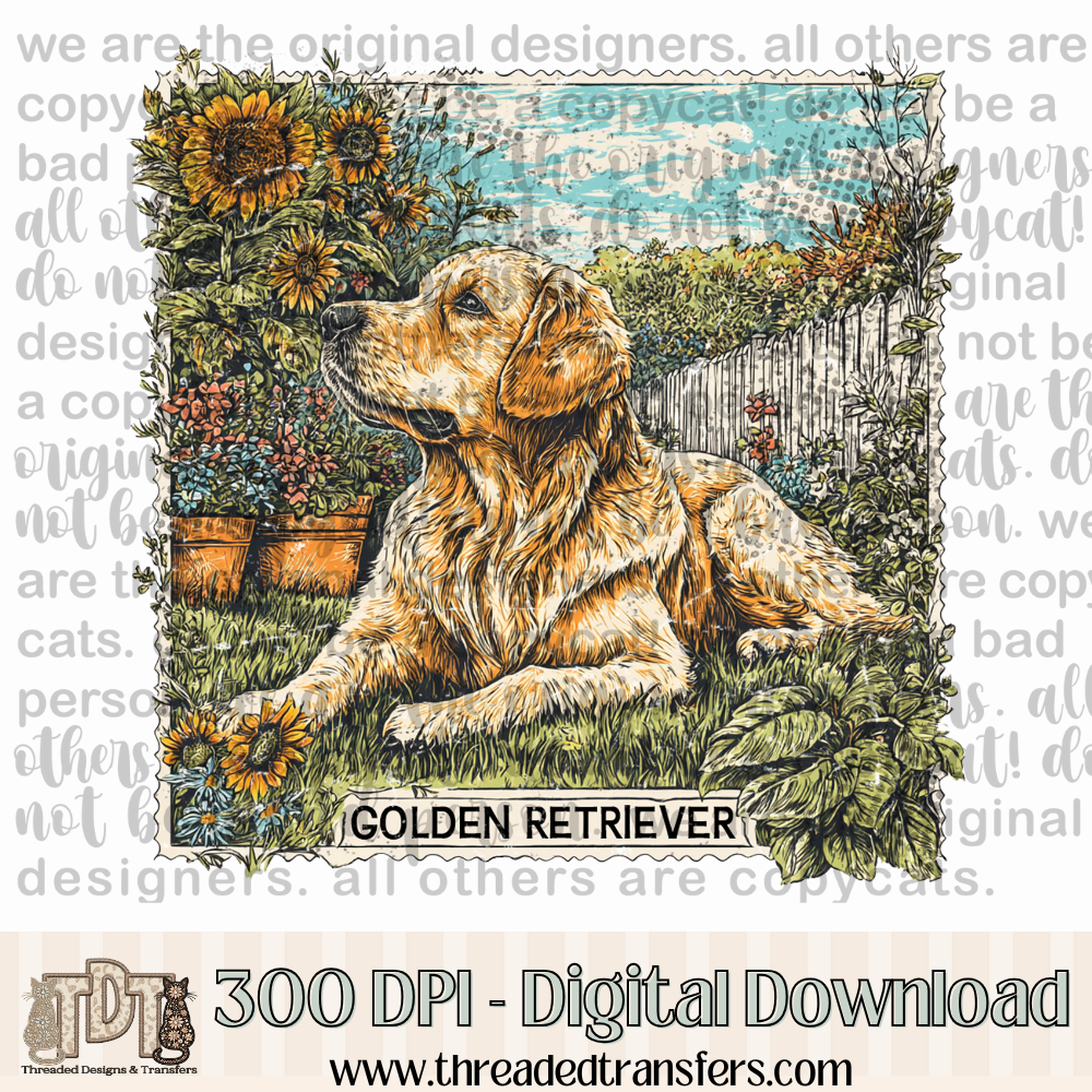 Golden Retriever Vintage Stamp Digital Design Download (PNG Format - no product shipped)