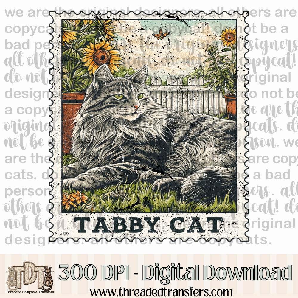 Gray Tabby Cat Vintage Stamp Digital Design Download (PNG Format - no product shipped)