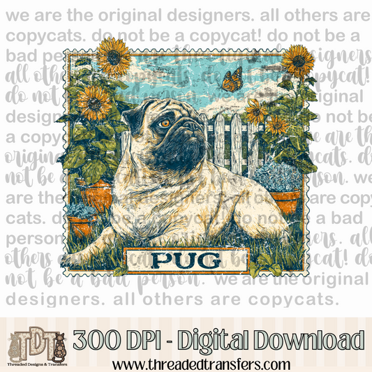 Pug Vintage Stamp Digital Design Download (PNG Format - no product shipped)