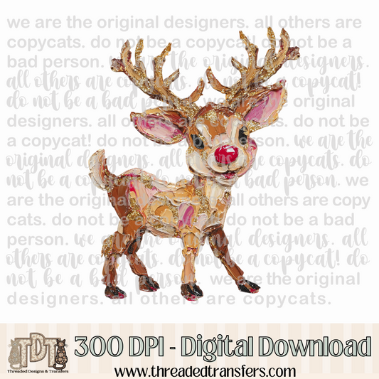 Red Nose Reindeer Hand Painted Digital Design Download (PNG Format - no product shipped)
