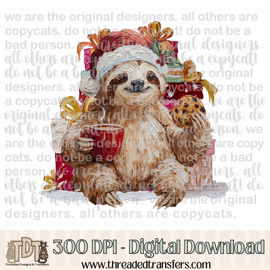 Christmas Sloth Hand Painted Digital Design Download (PNG Format - no product shipped)