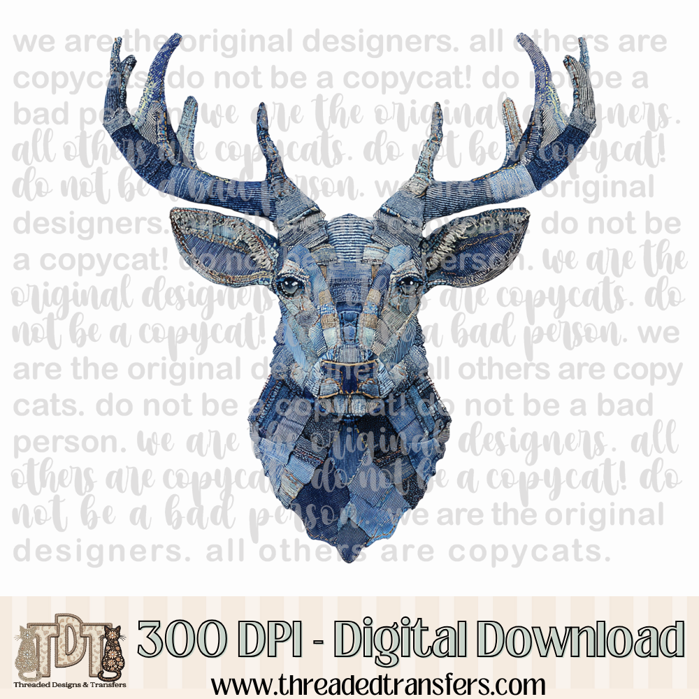Reindeer Head Denim Patchwork Digital Design Download (PNG Format - no product shipped)