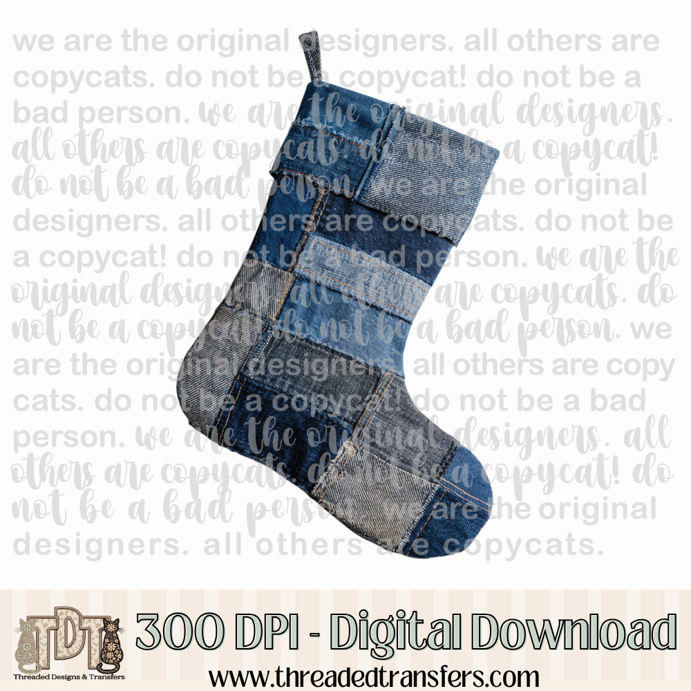 Christmas Stocking Denim Patchwork Digital Design Download (PNG Format - no product shipped)