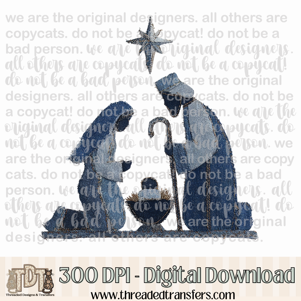Nativity Scene Denim Patchwork Digital Design Download (PNG Format - no product shipped)