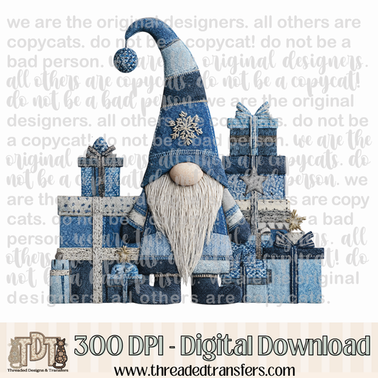 Christmas Gnome Denim Patchwork Digital Design Download (PNG Format - no product shipped)